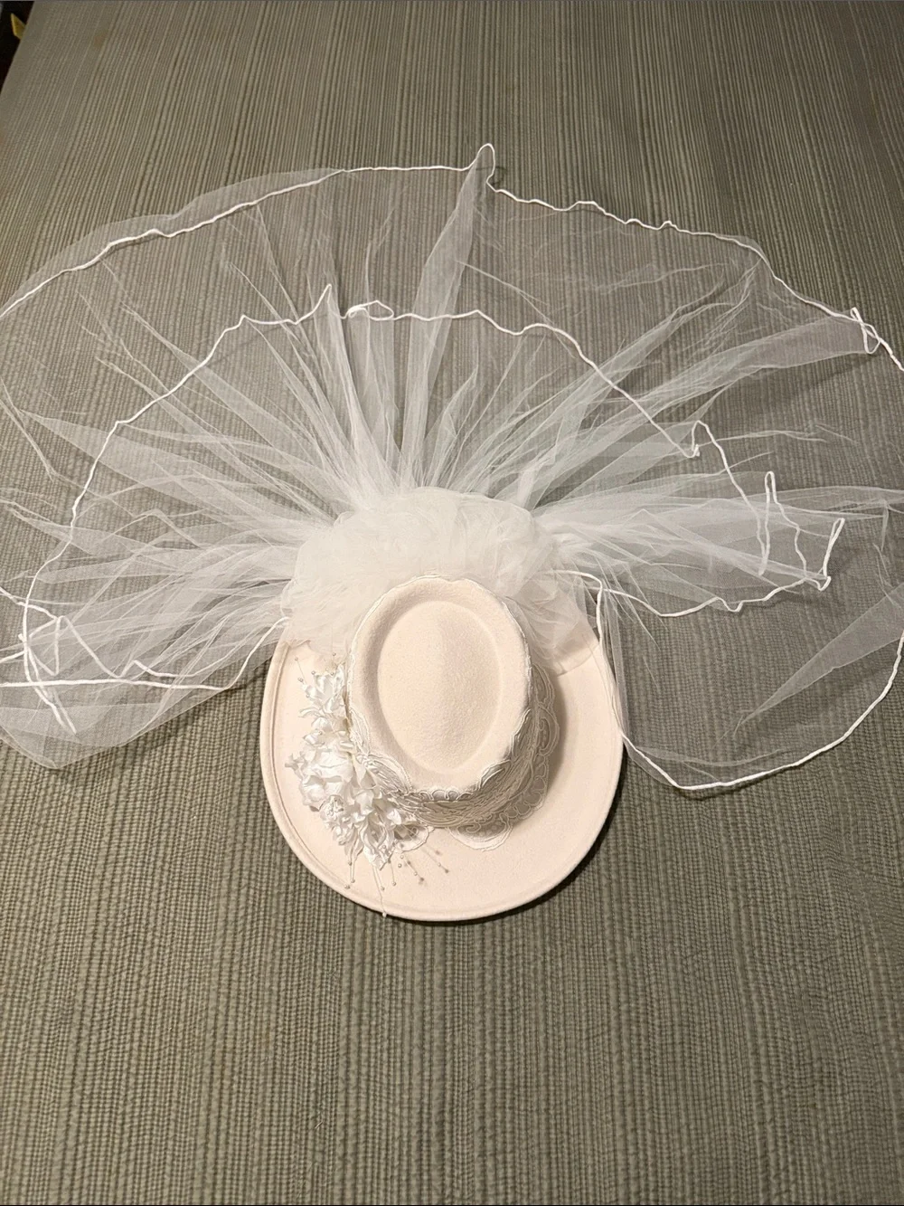 White Bridal Veil Fascinator Hat with Floral Detail
